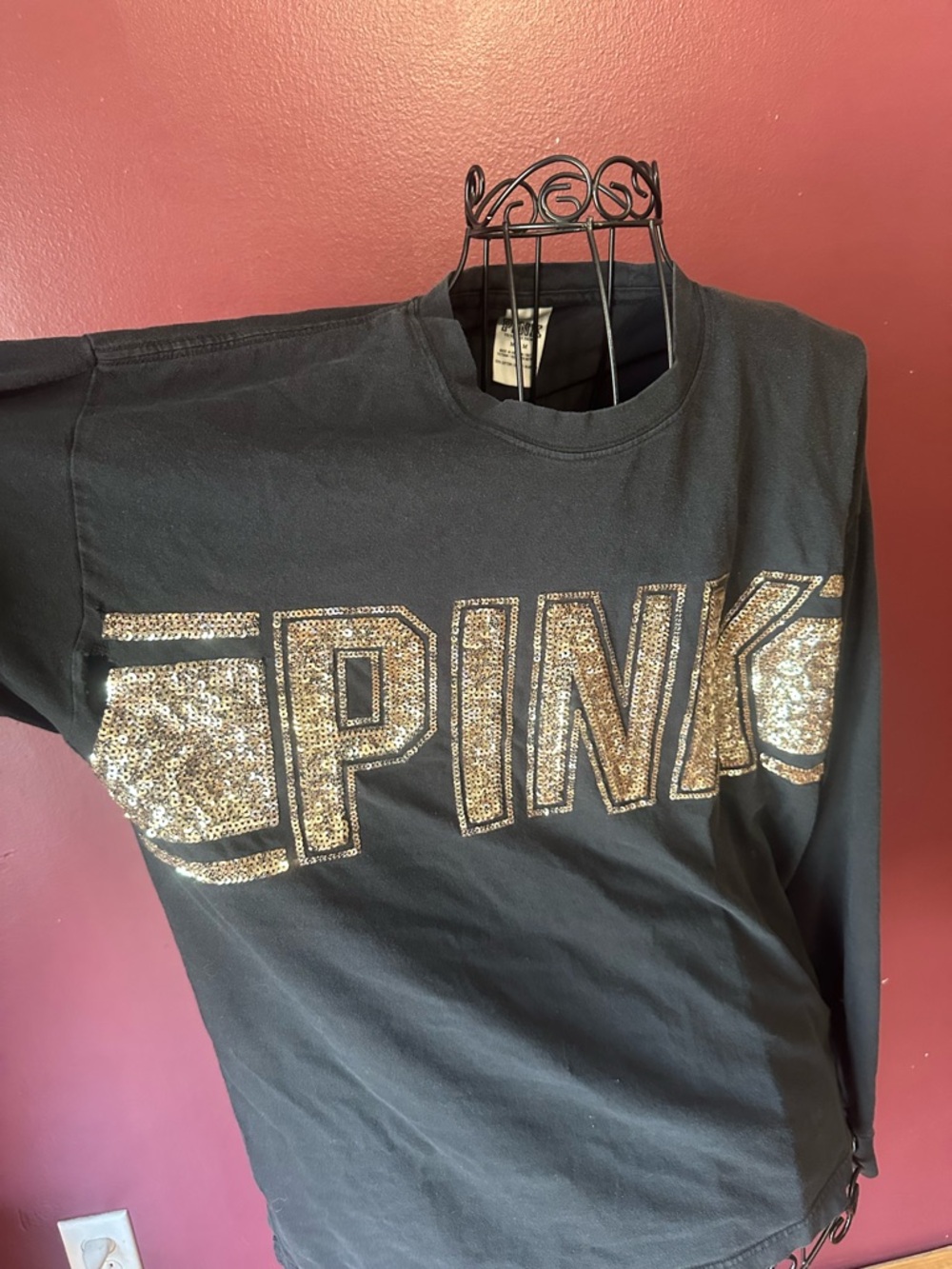 Victoria's Secret PINK Black Long-Sleeve Tee with Gold Sequin Logo